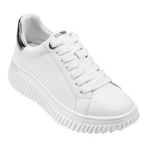 DKNY Women's Lobeco Lace Up Platform Sneakers White Silver Size 8